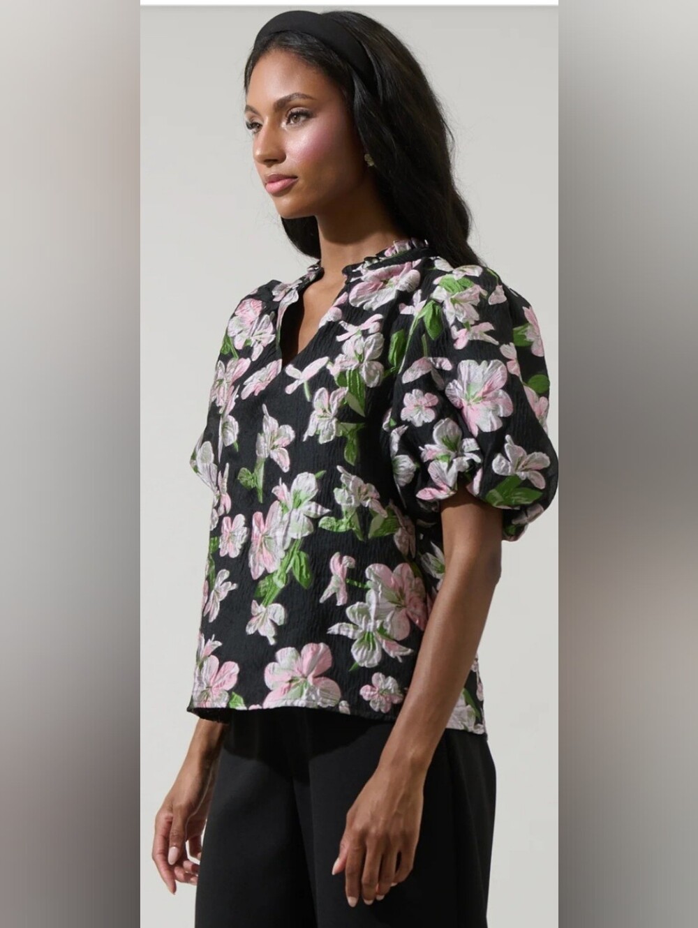 Sugarlips Black Floral Puff-Sleeve Blouse with Pink Blossoms